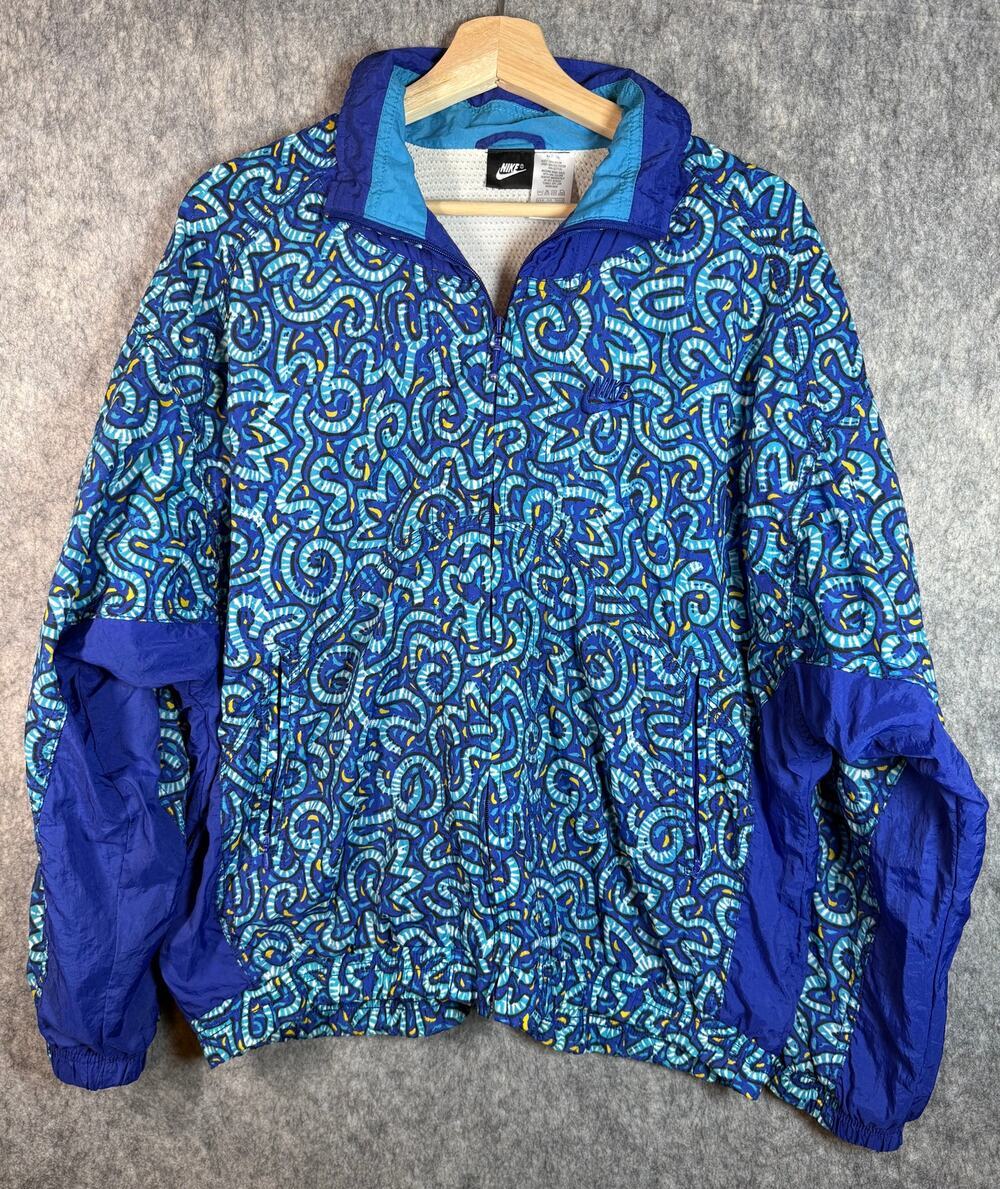 Vintage 90s Nike Abstract Print Windbreaker Blue Large Full Zip Oversized